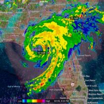 A radar picture of a hurricane that rolled through Florida and up the northeast coast. We do not fly in or near these types of weather systems.